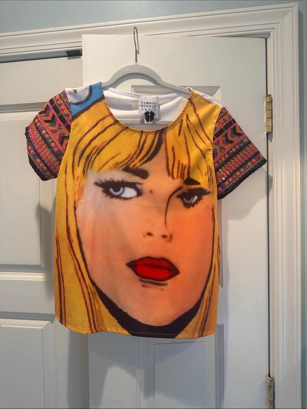 Edward Achour Paris Yellow Pop Art Face Short Sleeve Top